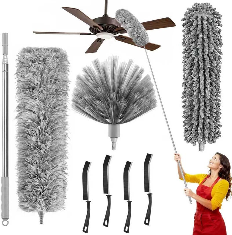 MimAuto 100-inch Duster with Extension Pole, 8-in-1 Cobweb Duster Kit Includes Chenille Head & Retractable Gap Cleaner, Spider Web Brush for High Ceiling, Fan, Car, and Home Cleaning - Image 1